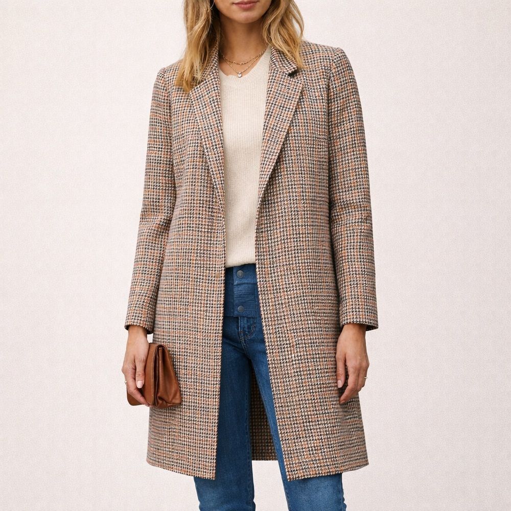 J. Jill Sonoma Houndstooth Open Front Coat Jacket Long Blazer Size Medium Brown